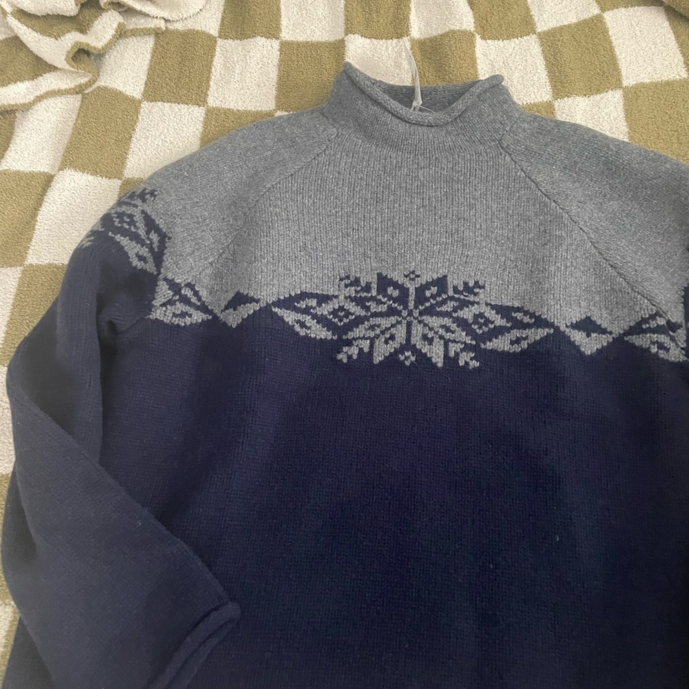 J. Crew Men’s Lambswool Fair Isle Rollneck Sweater Navy Blue Grey XL